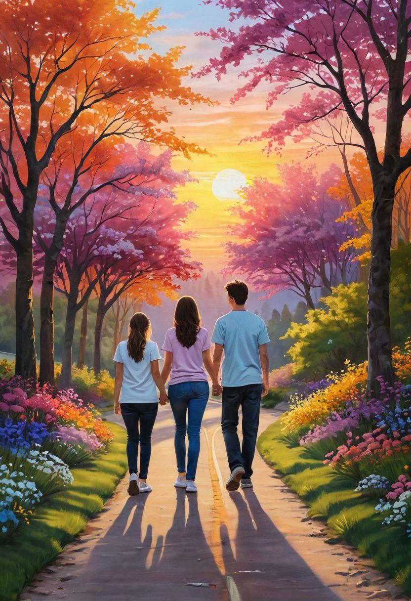 A heartfelt scene depicting a teenager and their caregiver walking hand-in-hand along a winding road, symbolizing resilience and hope. Surround them with blooming trees and colorful flowers, representing growth and support. A soft sunset in the background casts a warm glow, emphasizing warmth and optimism. Include subtle elements of medical symbolism, like a ribbon intertwining with the path. vibrant colors. painting.