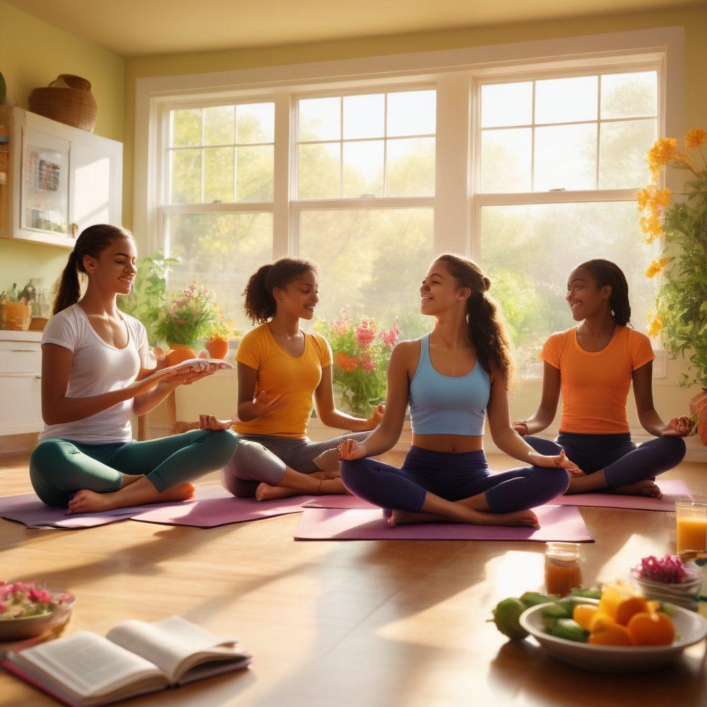 A vibrant and hopeful scene depicting a diverse group of teens engaging in various health and wellness activities: one teen practicing yoga, another reading a health book, and a third cooking a healthy meal together. Background elements should include symbols of support, like ribbons and flowers, and a bright sun shining down to convey positivity and resilience. super-realistic. vibrant colors. airy atmosphere.