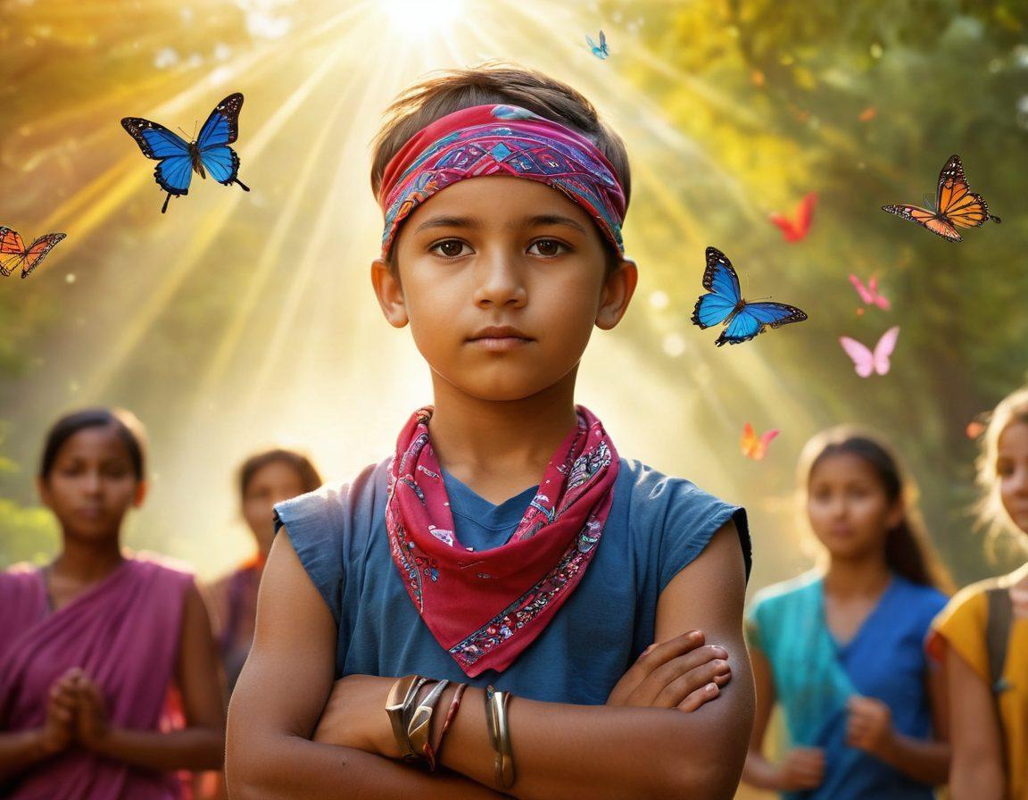 A young warrior with a determined expression, wearing a colorful bandana, surrounded by supportive friends holding hands, against a backdrop of vibrant nature and uplifting symbols of hope like butterflies and hearts. Include elements like medical resources, books, and a sunbeam shining down, symbolizing light in darkness. super-realistic. vibrant colors. soft focus.